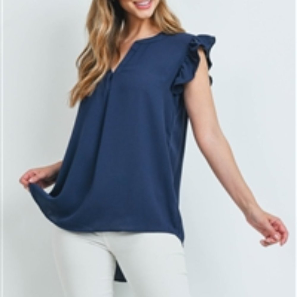 Navy Colored, Plus Size Solid Ruffled Sleeveless Top